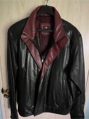 Vintage Patrick James Dual Color Black / Burgundy Wine Red Leather Bomber Jacket